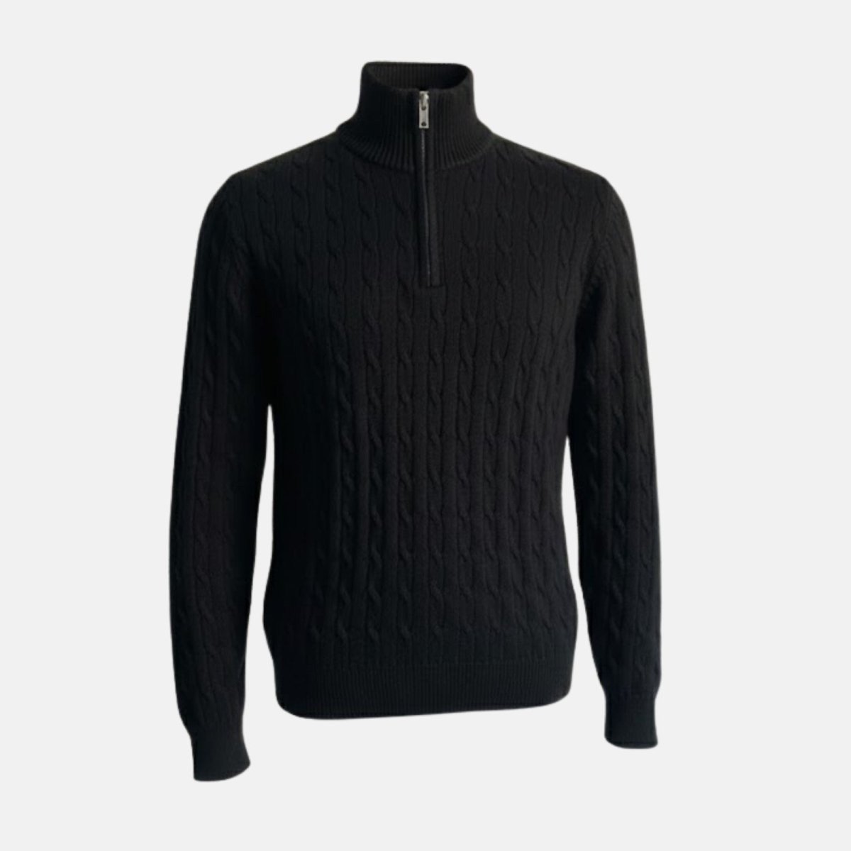 Front product shot of the Kouvr Fashion men's black cable-knit half-zip sweater on a ghost mannequin, highlighting the zipper and mock neck collar.