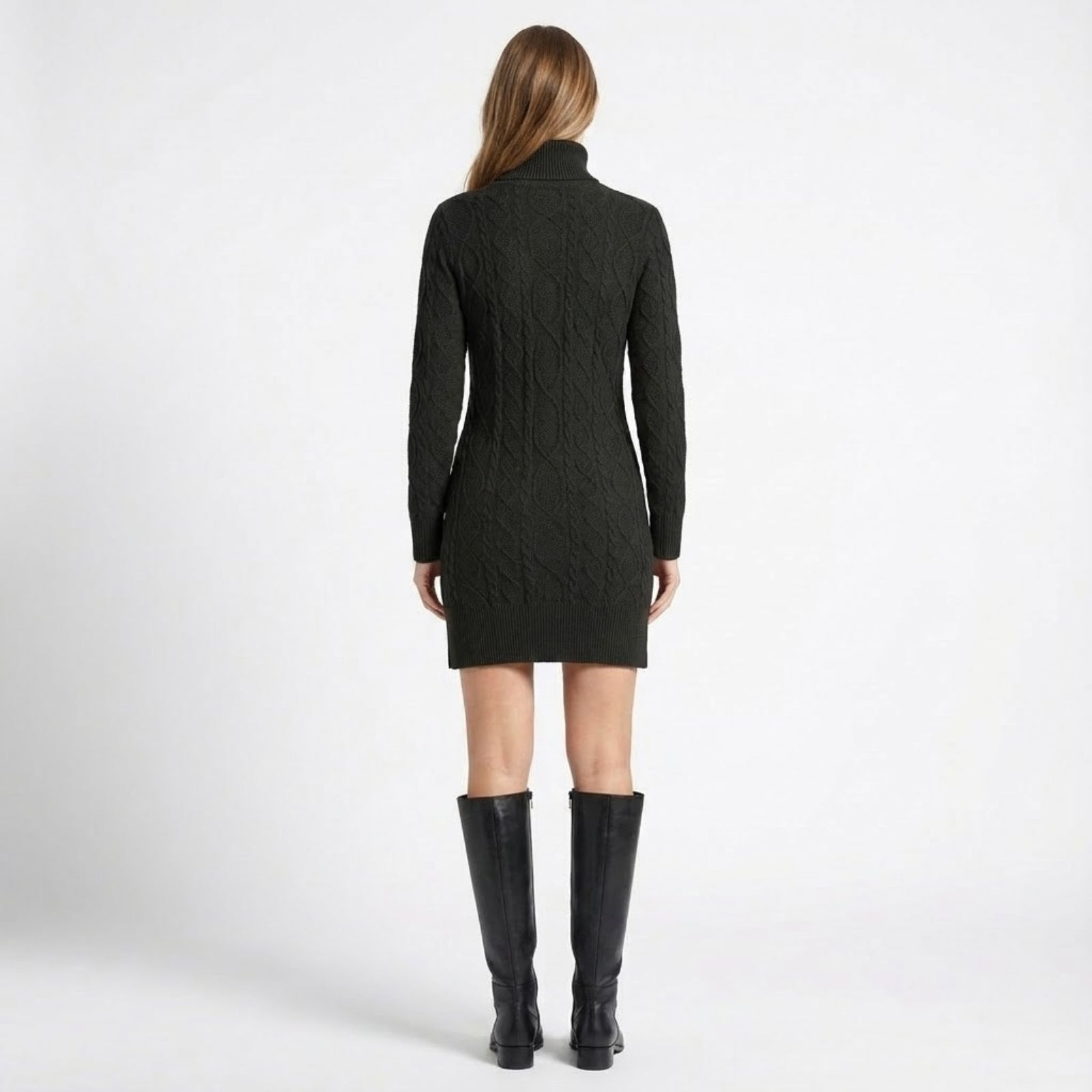 Back view of the Kouvr Fashion long-sleeve black cable-knit sweater dress on a model, highlighting the full-body knit pattern.