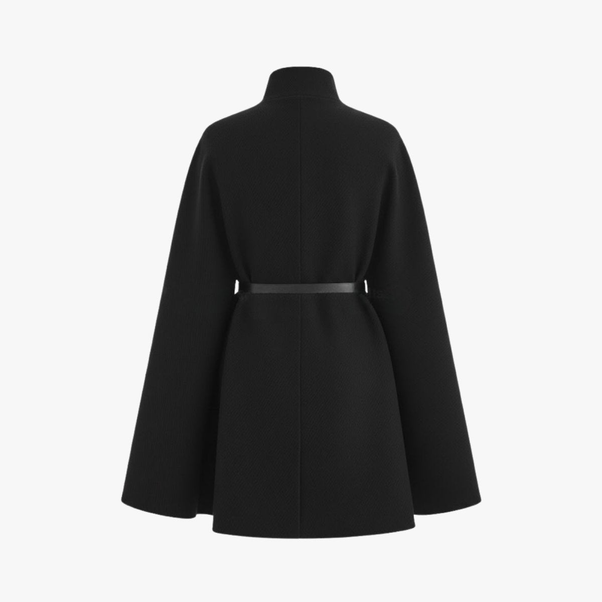 Product-only back view of the Kouvr Fashion black cape coat, laid flat to display the silhouette and belt detail from the rear.