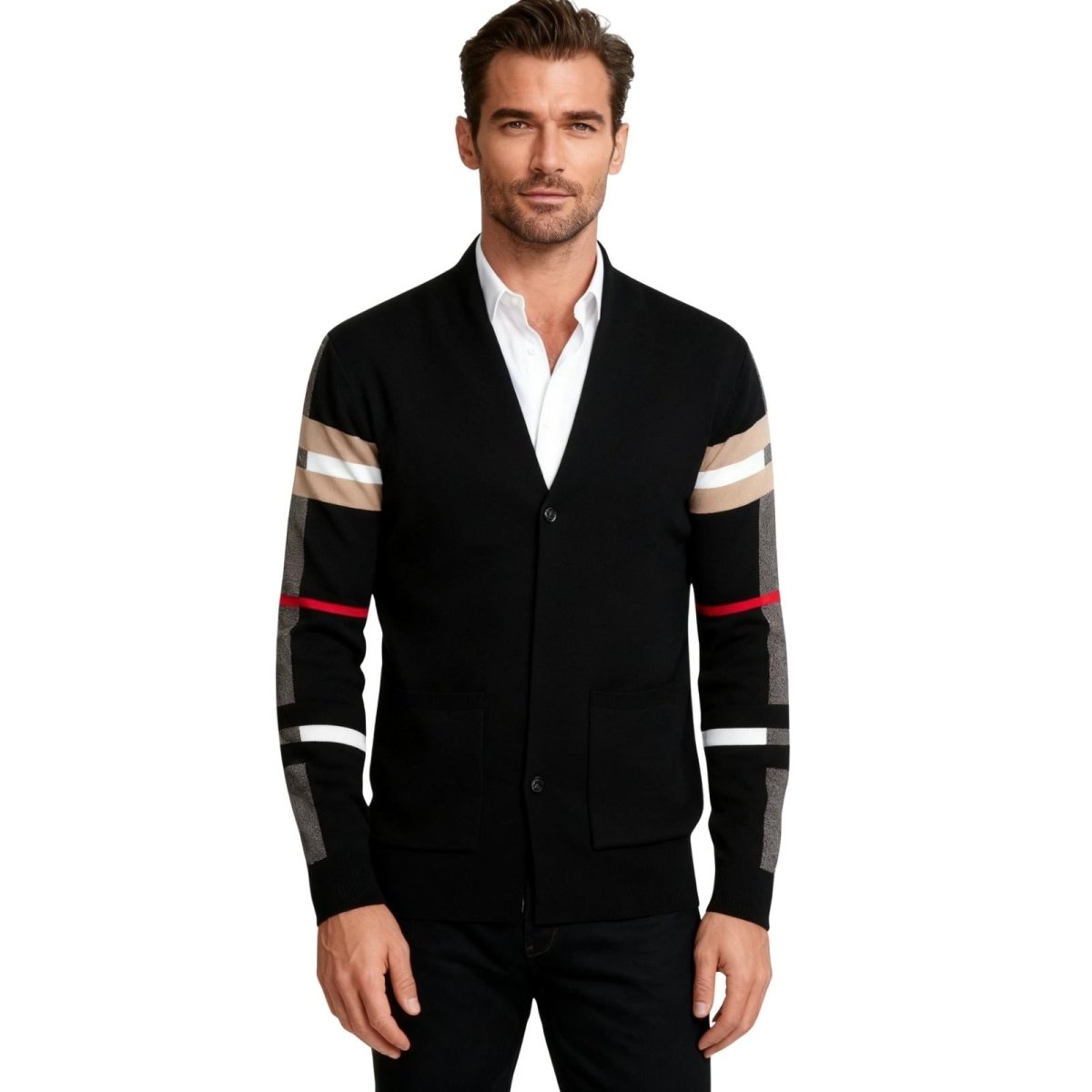 Men's Black Merino Wool Cardigan with Icon Stripe Sleeve – Luxury V-Neck  Designer Knit Sweater for Smart Casual Layering – Kouvr Fashion