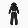 Flat lay of the Kouvr Fashion two-piece black sweatsuit, showing the front of the cropped zip hoodie and joggers.