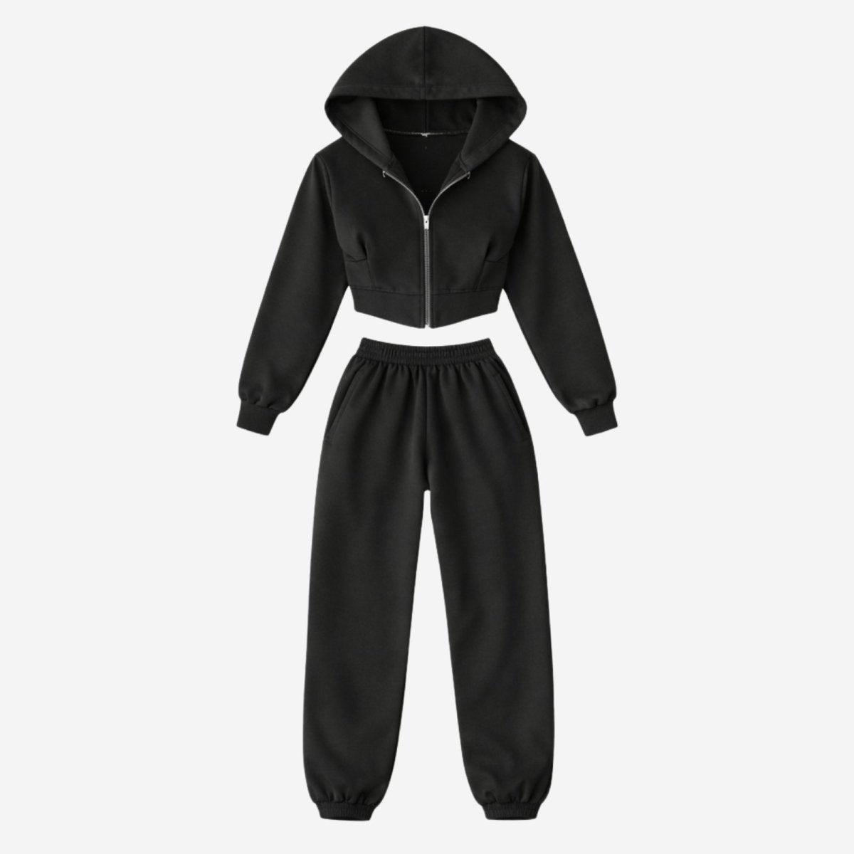 Flat lay of the Kouvr Fashion two-piece black sweatsuit, showing the front of the cropped zip hoodie and joggers.