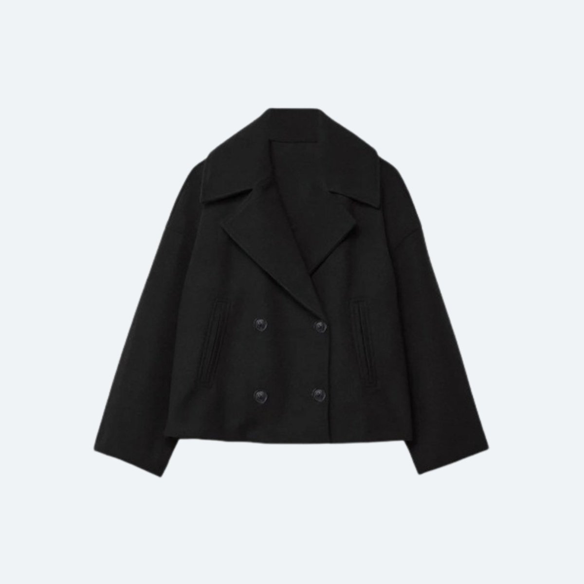 Product-only photo of the black cropped double-breasted wool jacket on a white background, showing the lapels and button placement.