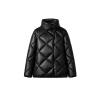 Black faux leather diamond quilted puffer jacket with a high neck and asymmetrical snap closure on a white background.