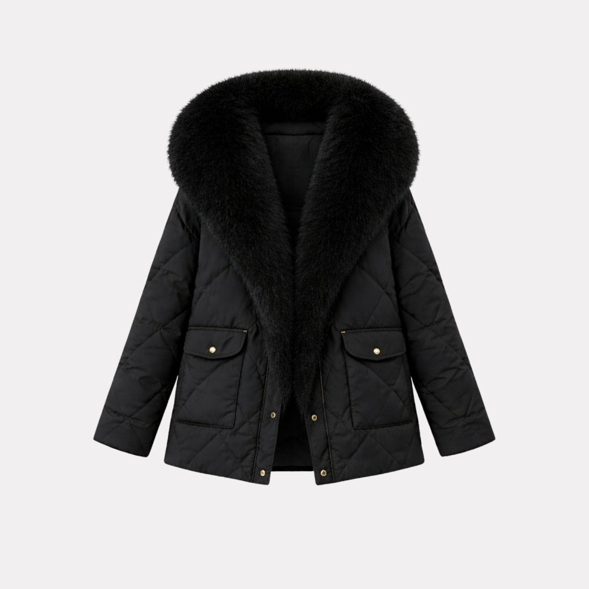 Product flat lay of a black diamond quilted jacket with a large faux fur collar, showing the front snap buttons and pockets.