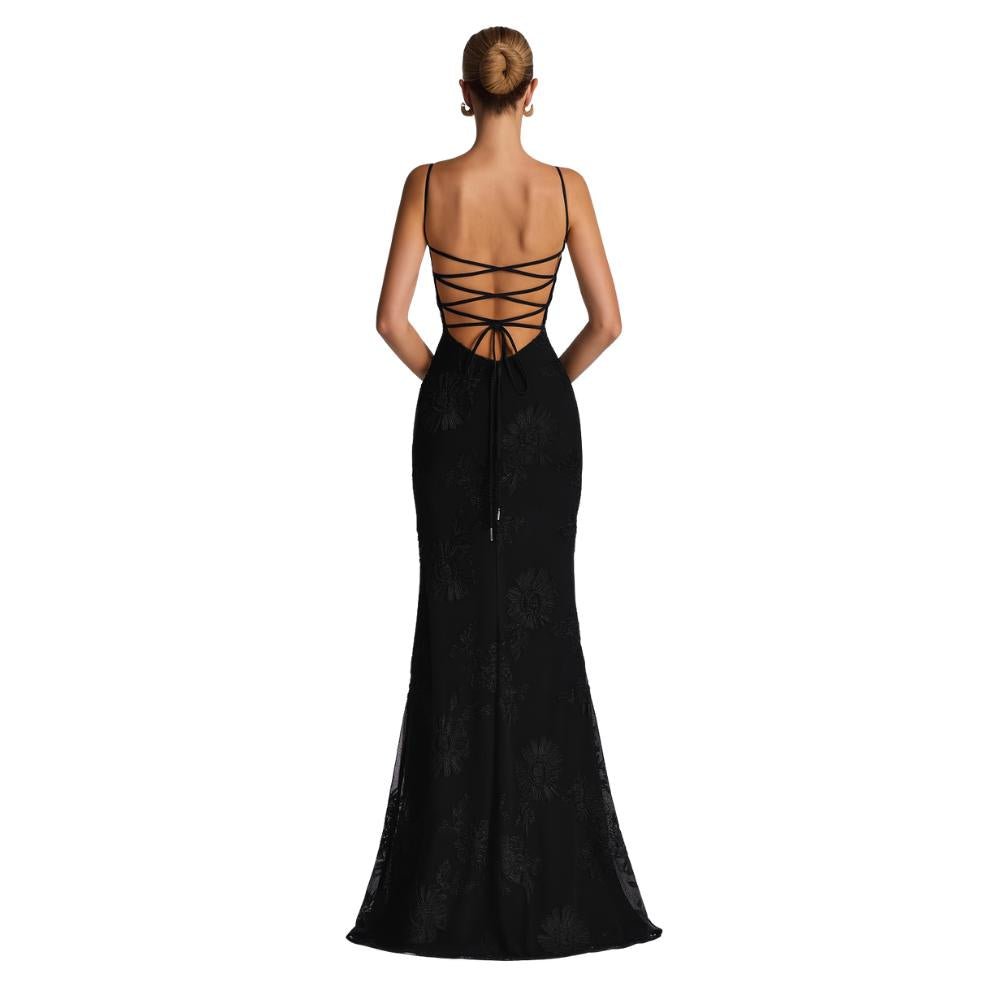 Model wearing the Kouvr Fashion Black Corset Gown with 3D Floral Embroidery