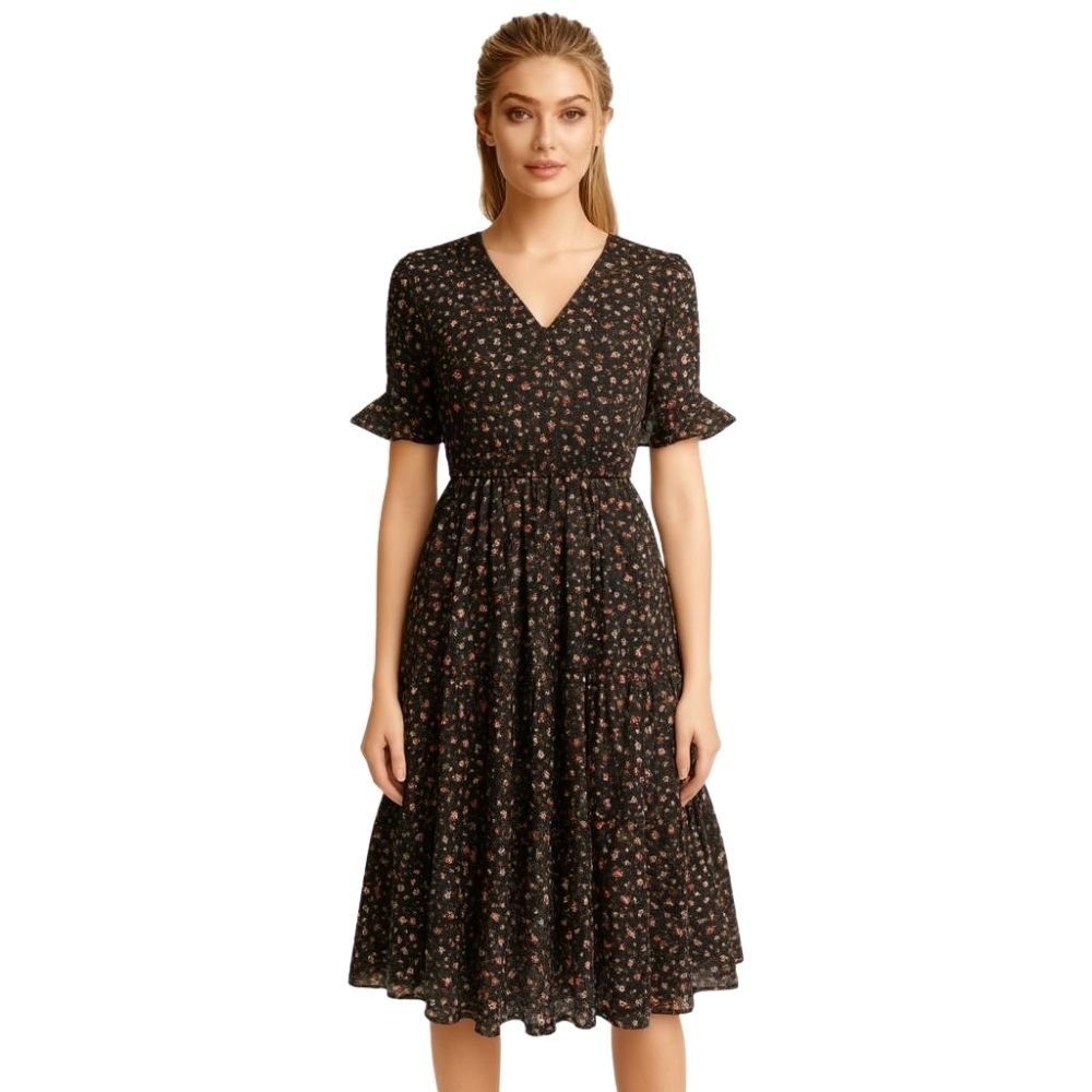 Woman wearing a kouvr  black floral dress on a white background