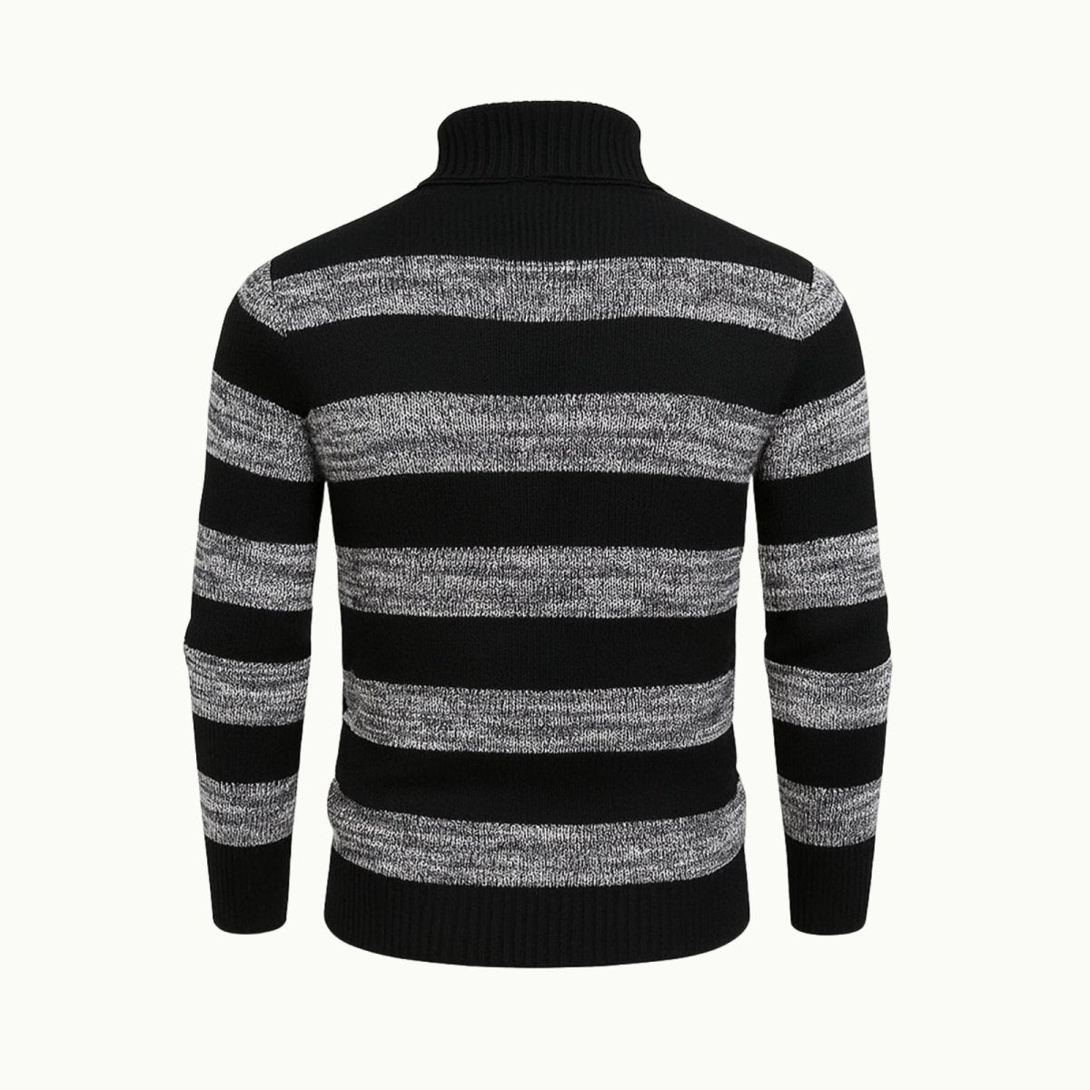 Back detail of the Kouvr Fashion men's black and grey striped knit turtleneck.