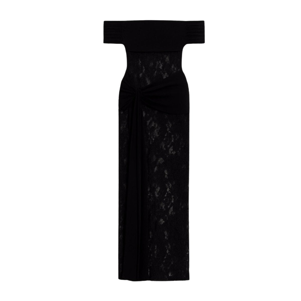 Black Kouvr lace strapless gown on a white background