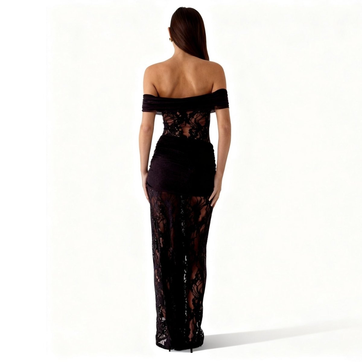 Black Kouvr lace off-shoulder evening gown on a white background