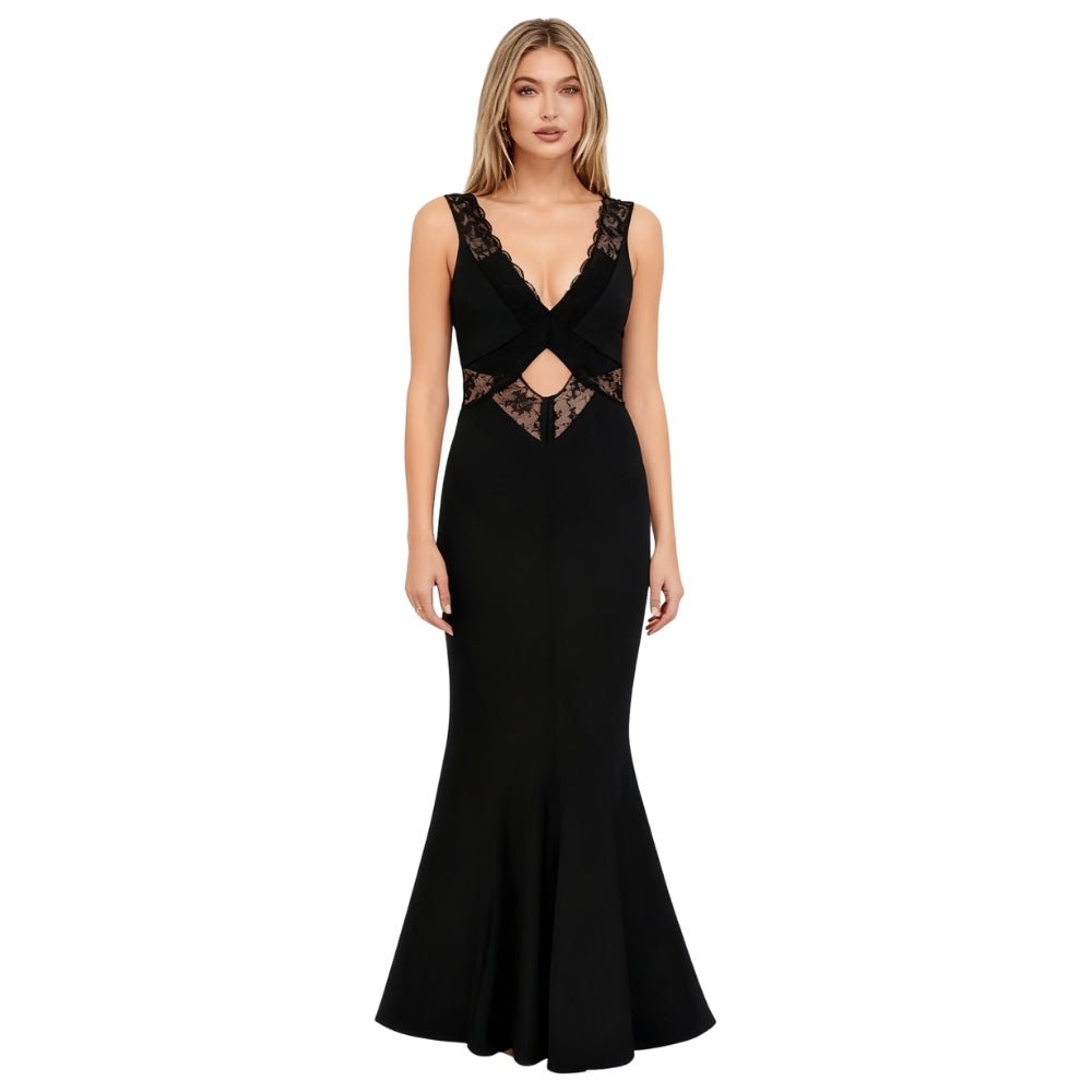 Black Kouvr evening gown with lace details on a white background