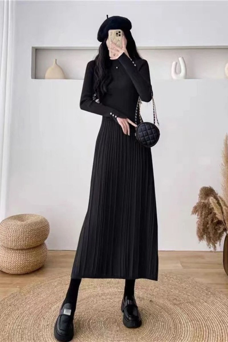 Kouvr Fashion Black Pleated Knit Long Sleeve Midi Dress