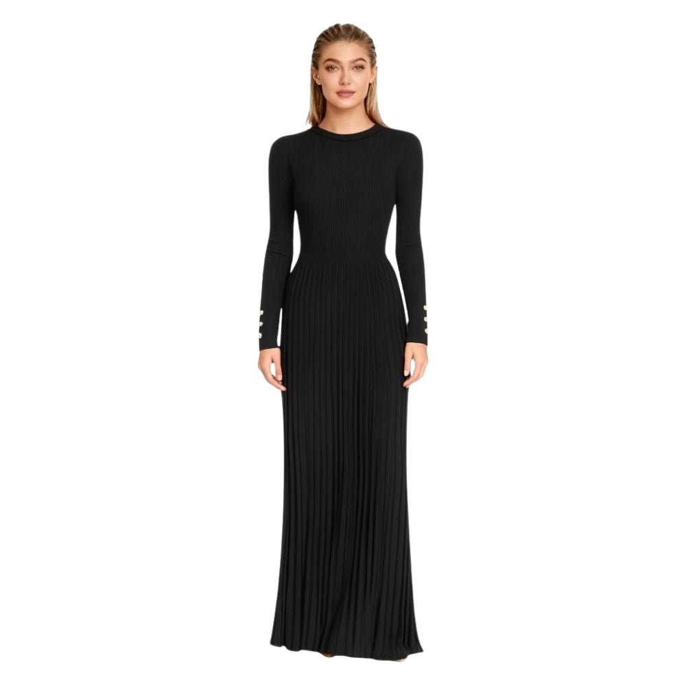 Black Pleated Knit Midi Dress | Long Sleeve A-Line Sweater Dress with Pearl  Cuffs | Elegant Mock Neck Fall Work Dress for Women | Kouvr Fashion