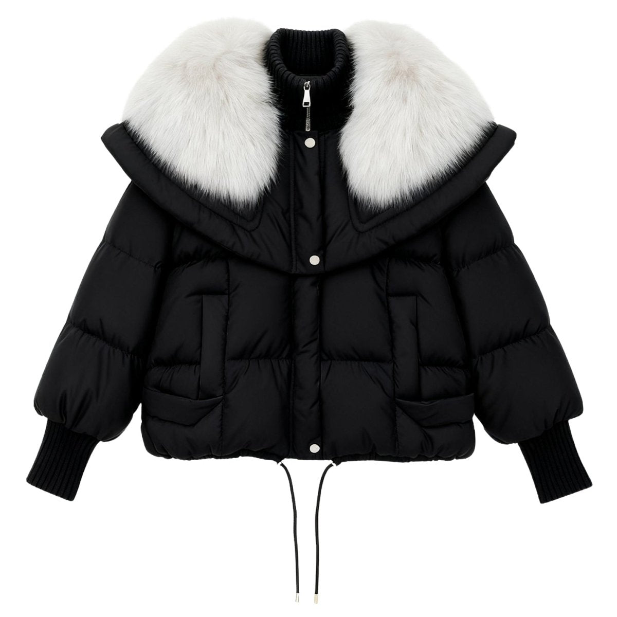 Black Kouvr puffer jacket with white fur collar on a white background