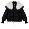 Black Kouvr puffer jacket with fur-lined hood on a plain background