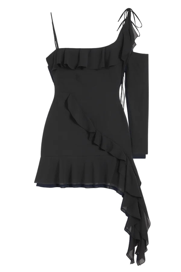 elegant evening wear," "sculpting fit," "asymmetrical gown