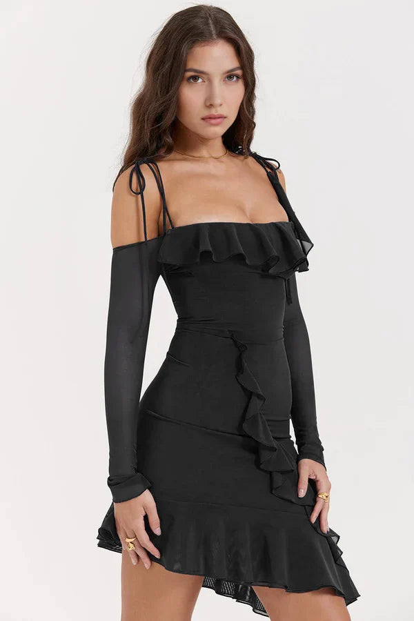 elegant evening wear," "sculpting fit," "asymmetrical gown