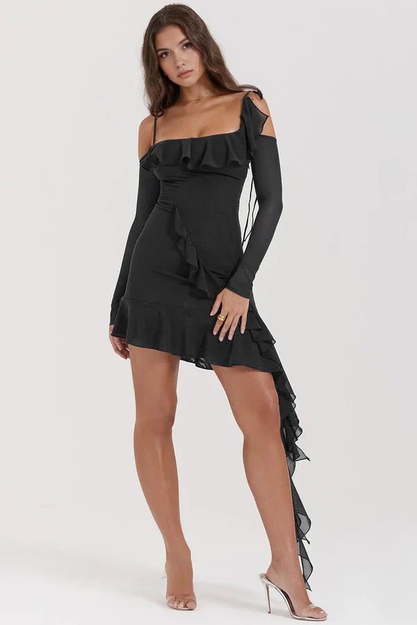 elegant evening wear," "sculpting fit," "asymmetrical gown