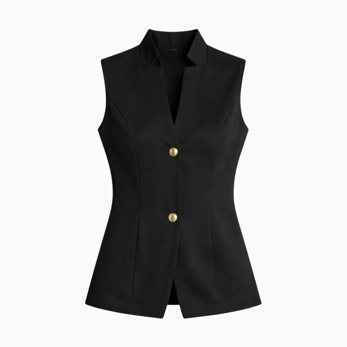 Product flatlay image of the Kouvr Fashion black tailored vest with gold buttons, front view.