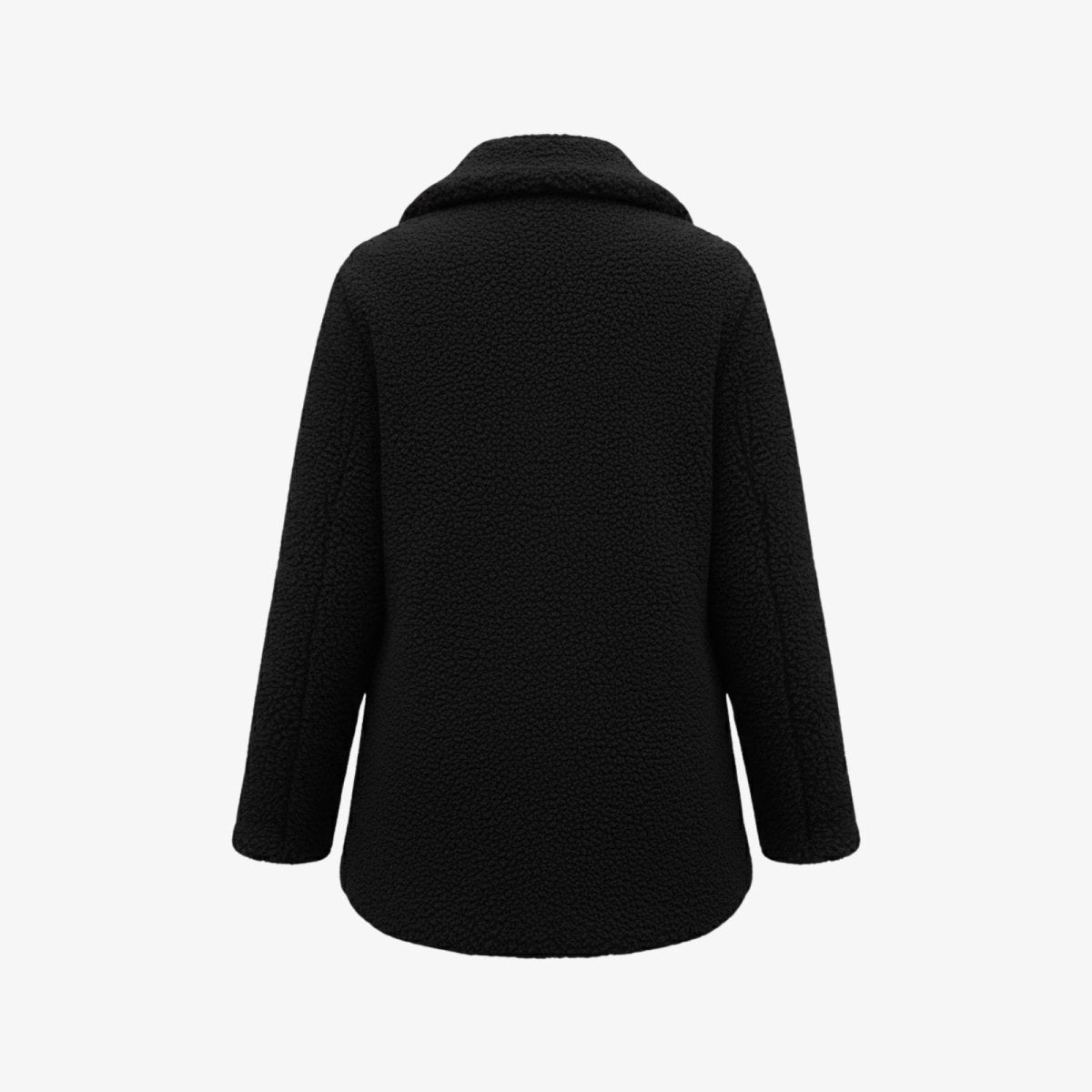 Back view studio shot of the Kouvr Fashion black teddy coat, displaying the clean lines and plush texture of the fabric.