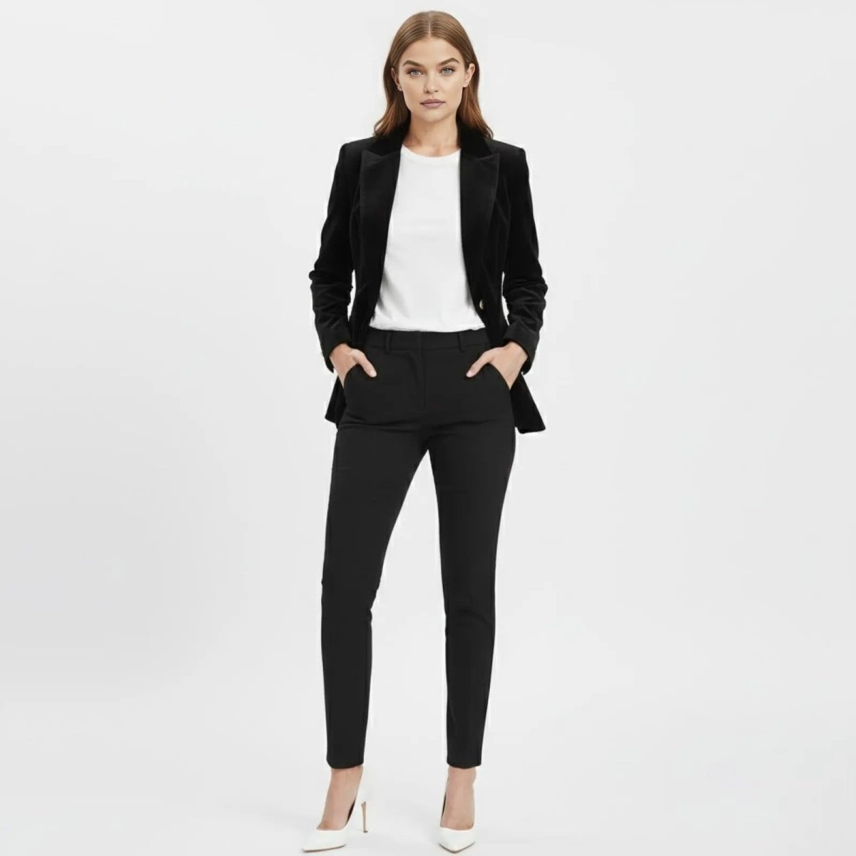 Model wearing the Kouvr Fashion black tailored velvet blazer with single gold button closure, paired with black trousers and white heels.