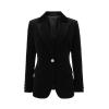 Product flat lay of the Kouvr Fashion black single-breasted velvet blazer, showing the satin lapels and gold statement button.