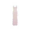 Model wearing Kouvr Fashion pink floral appliqué formal gown against a neutral background