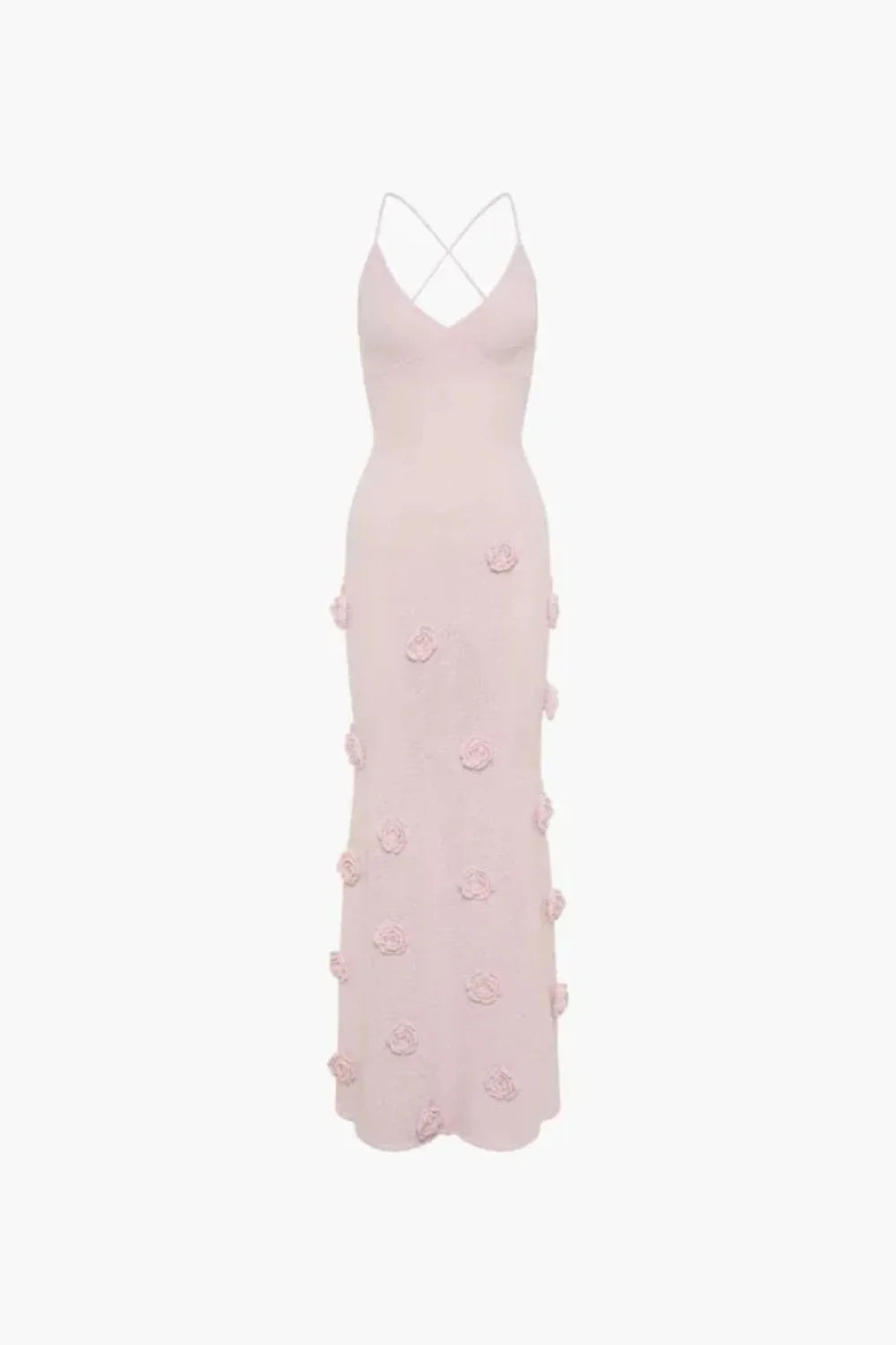 Model wearing Kouvr Fashion pink floral appliqué formal gown against a neutral background
