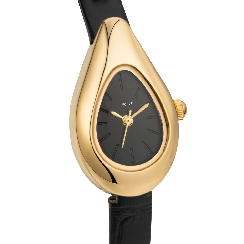 Gold watch with black kouvr face and strap on a white background