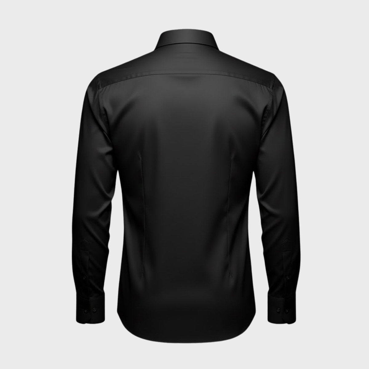 Back view of the Kouvr Fashion Briar slim fit black dress shirt, laid flat to display the yoke and tailored back darts.