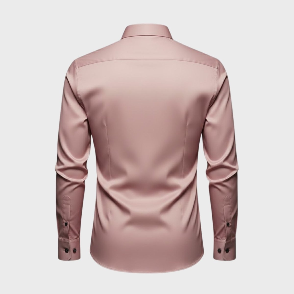 Flat lay of the back of a men's slim fit cotton sateen shirt, showing the clean yoke and tailored construction details.