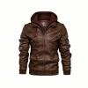 Product-only studio image of the Kouvr Fashion men's brown hooded faux leather jacket on a white background.
