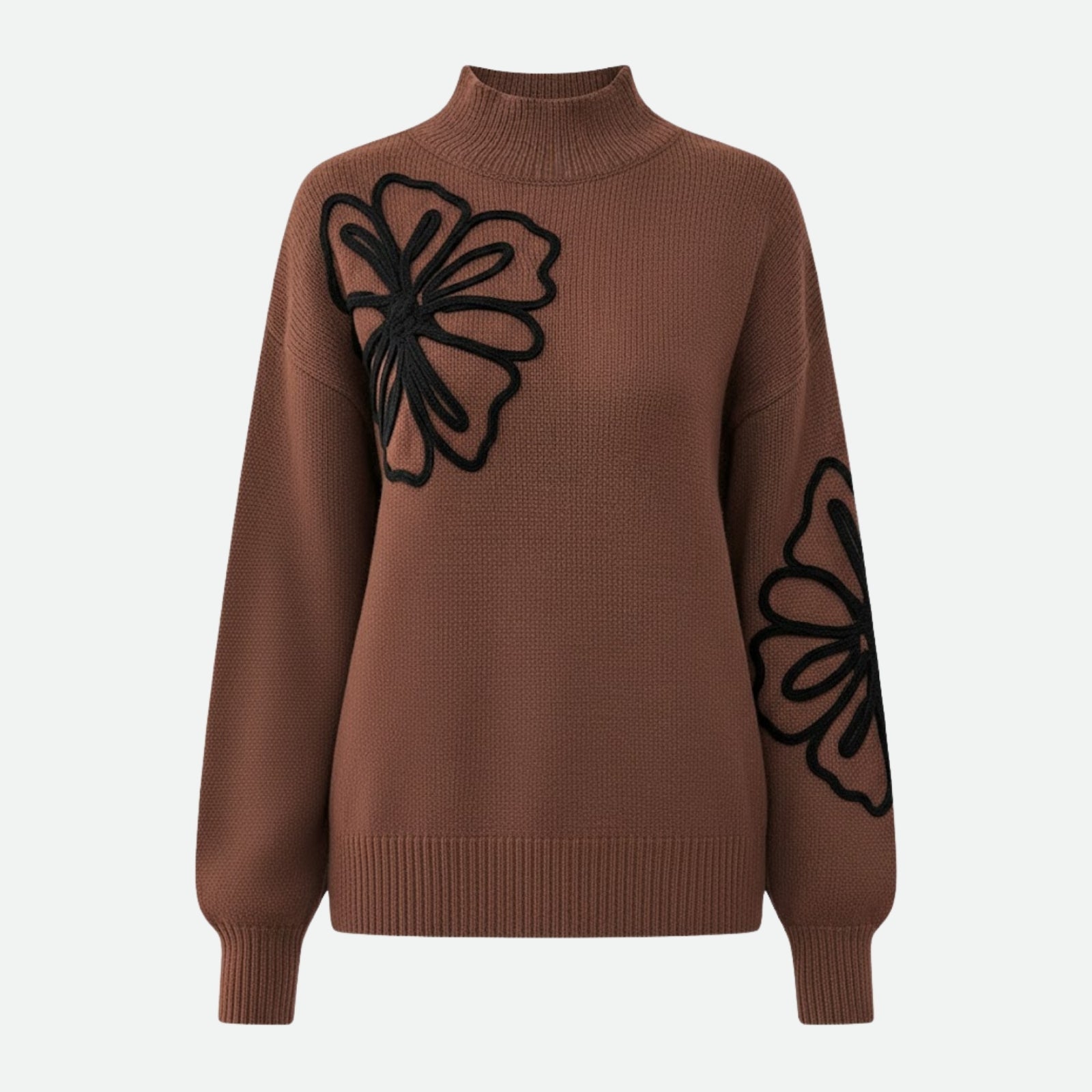 Product-only flatlay image of the Kouvr Fashion brown mock neck sweater, showing the full front design and floral embroidery on the chest and sleeve.