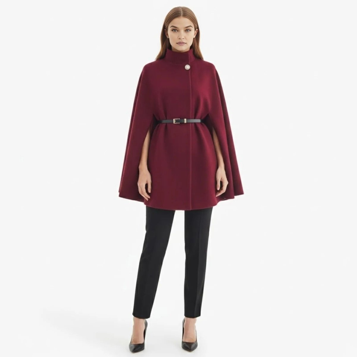 Model wearing the Kouvr Fashion burgundy belted wool cape coat with a funnel neck and black belt, viewed from the front against a white background.