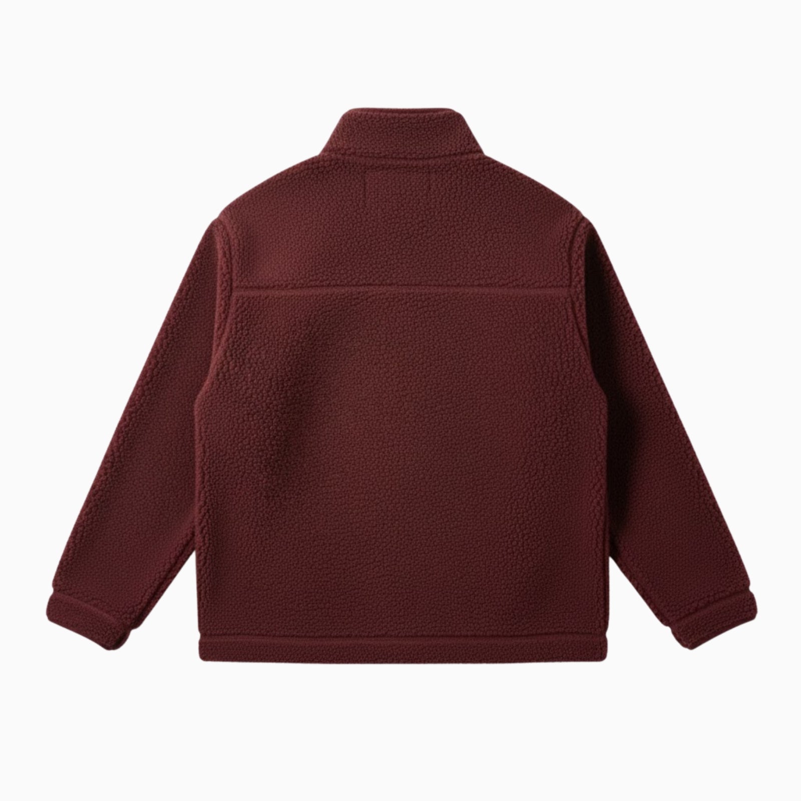 Flat lay of the back of the Kouvr Fashion burgundy sherpa fleece jacket, displaying the clean lines and horizontal yoke seam.
