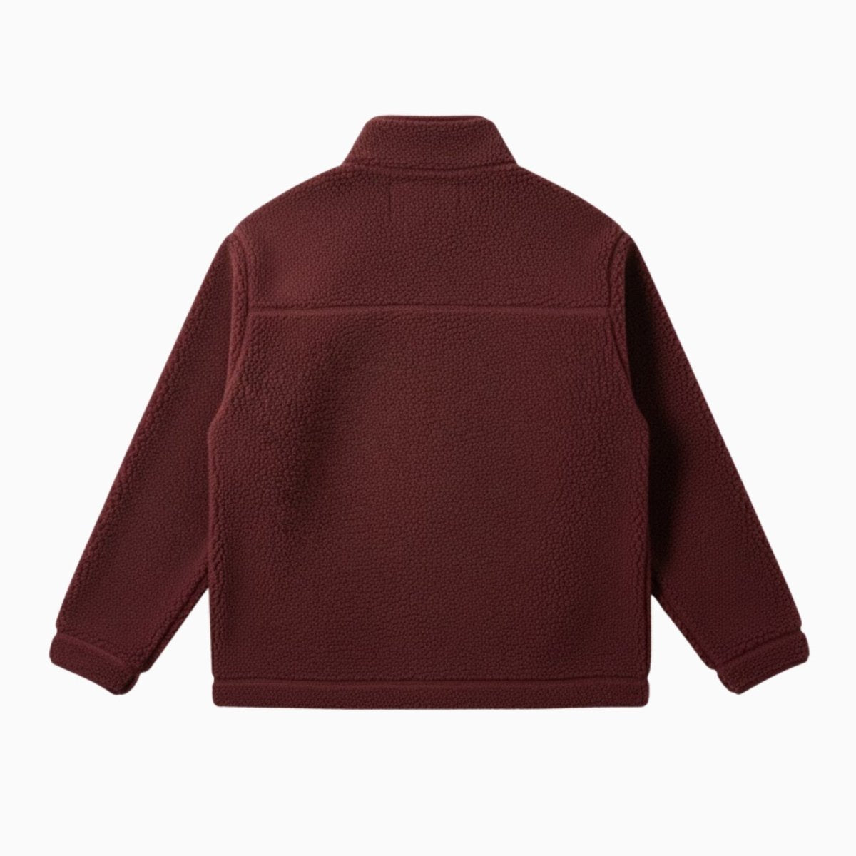 Flat lay of the back of the Kouvr Fashion burgundy sherpa fleece jacket, displaying the clean lines and horizontal yoke seam.
