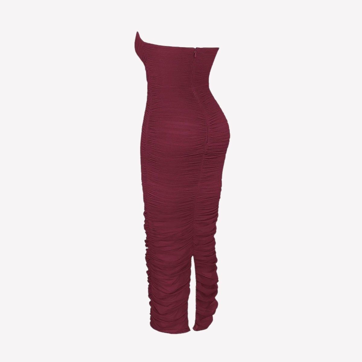 Product-only image of a burgundy strapless bodycon dress with all-over ruching on a white background.