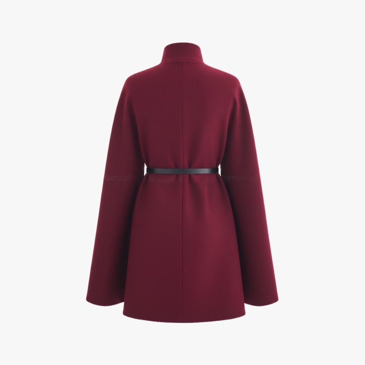 Rear product shot of the Kouvr Fashion burgundy wool cape, showing the back and belted waist detail against a white background.