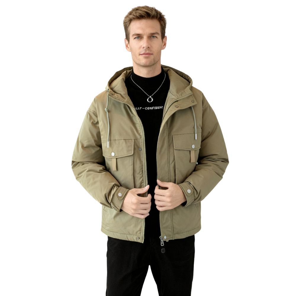 Man wearing a green kouvr jacket on a white background