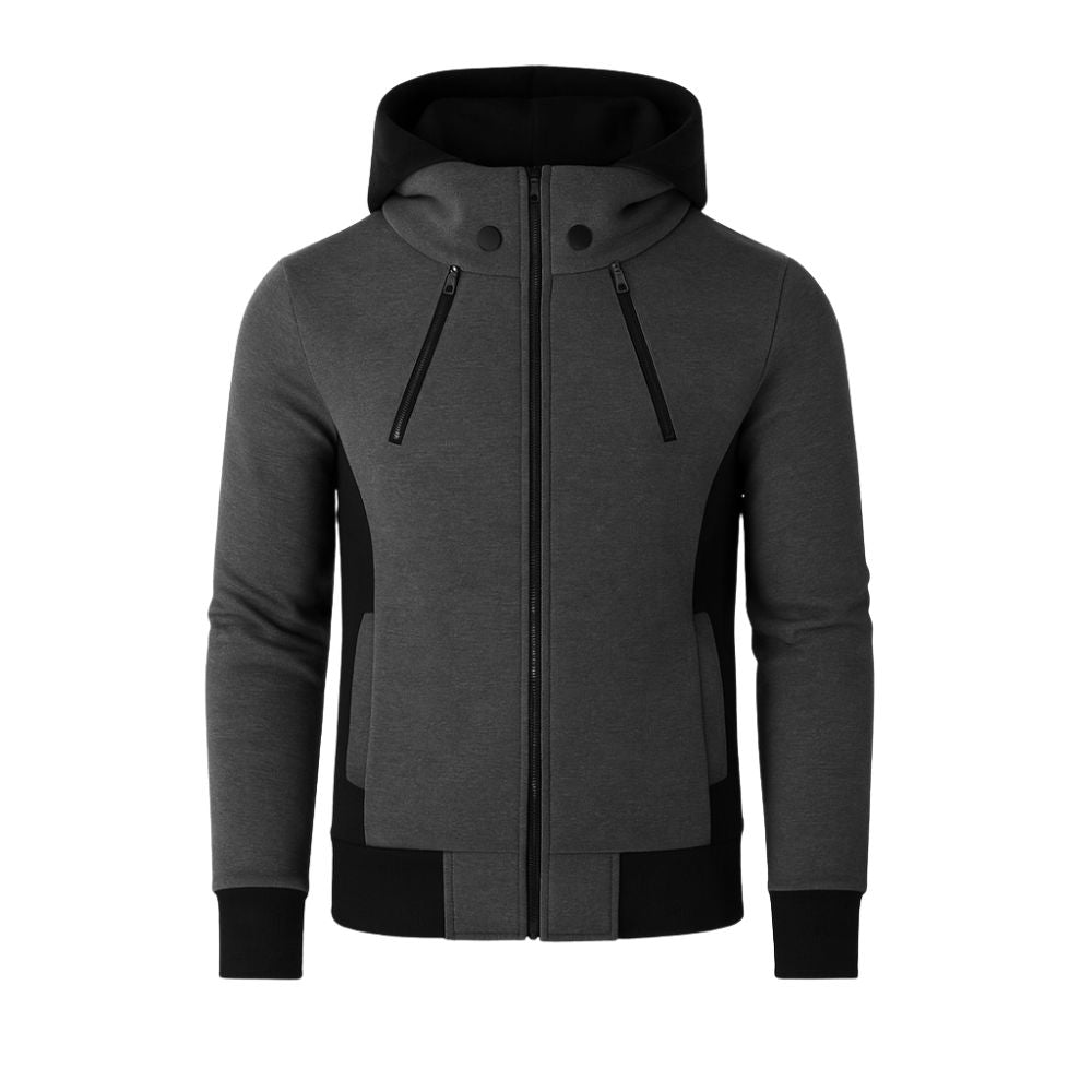 Dark gray kouvr hoodie with black accents on a white background