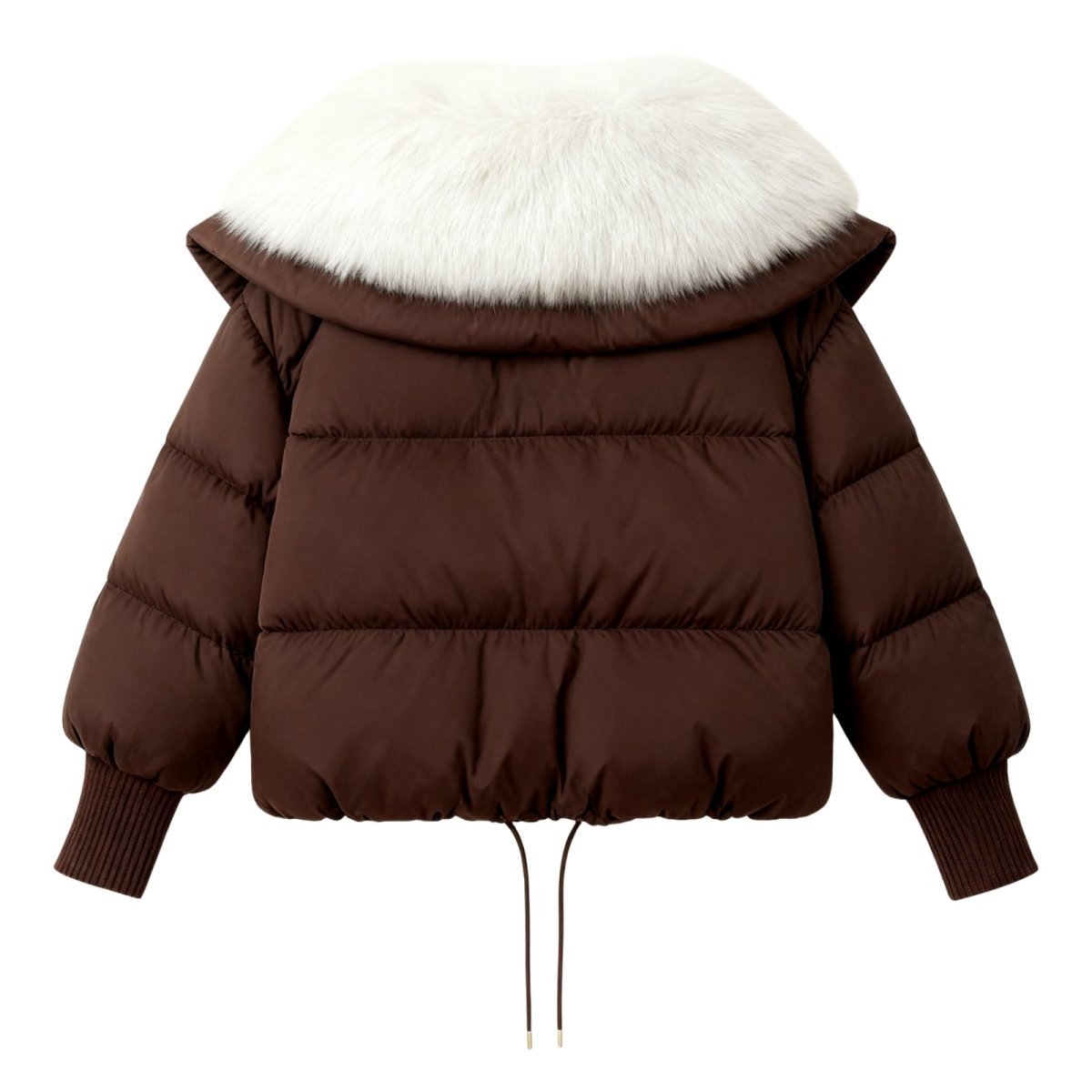 Brown Kouvr puffer jacket with white fur hood on a white background
