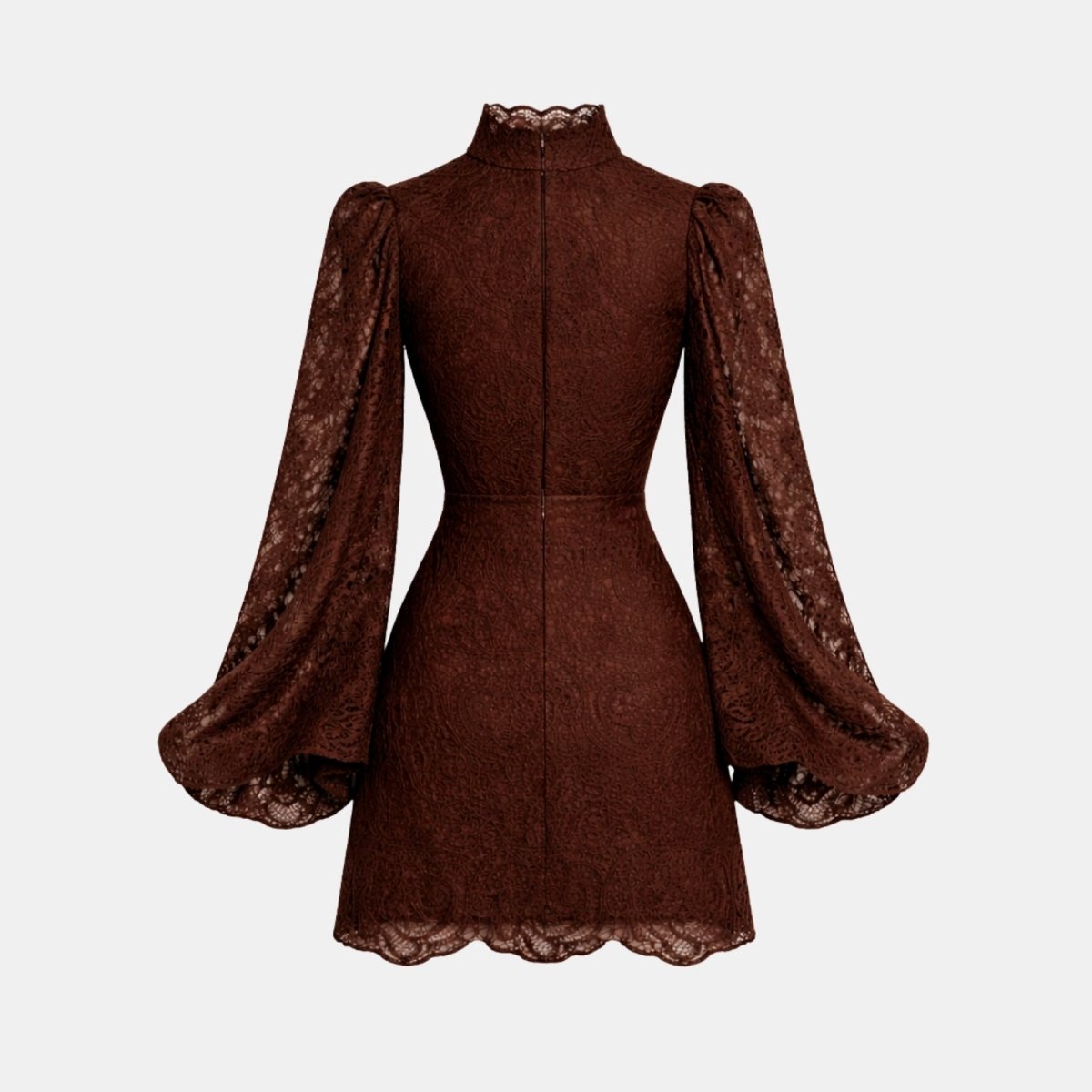 Back product-only shot of the Kouvr Fashion Cassie chocolate brown lace dress, detailing the back zipper and sleeve structure.