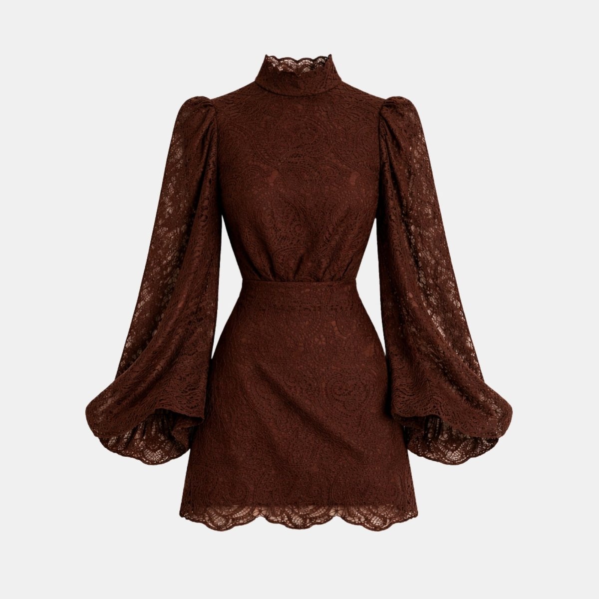 Front product-only shot of the Kouvr Fashion Cassie long sleeve chocolate brown lace mini dress on a grey background.