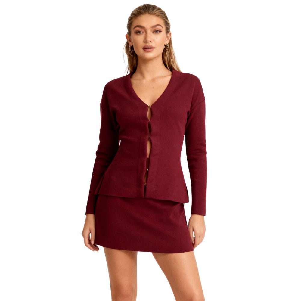 Women's Knit Skirt Set in Burgundy | V-Neck Peplum Cardigan & Mini Skirt Co-ord | Luxury Two-Piece Outfit for Work or Date Night | Kouvr Fashion Women's Knit Skirt Set in Burgundy | V-Neck Peplum Cardigan & Mini Skirt Co-ord | Luxury Two-Piece Outfit for Work or Date Night | Kouvr Fashion