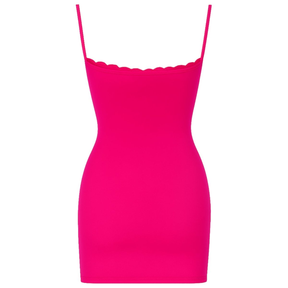 Woman wearing a rose red kouvr strapless gown with a high slit on a white background