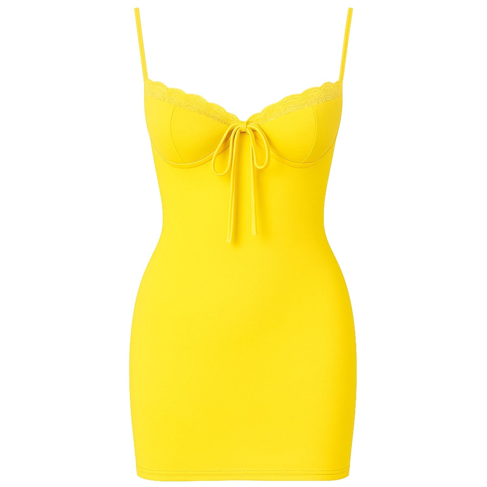 Yellow kouvr dress with thin straps on a white background