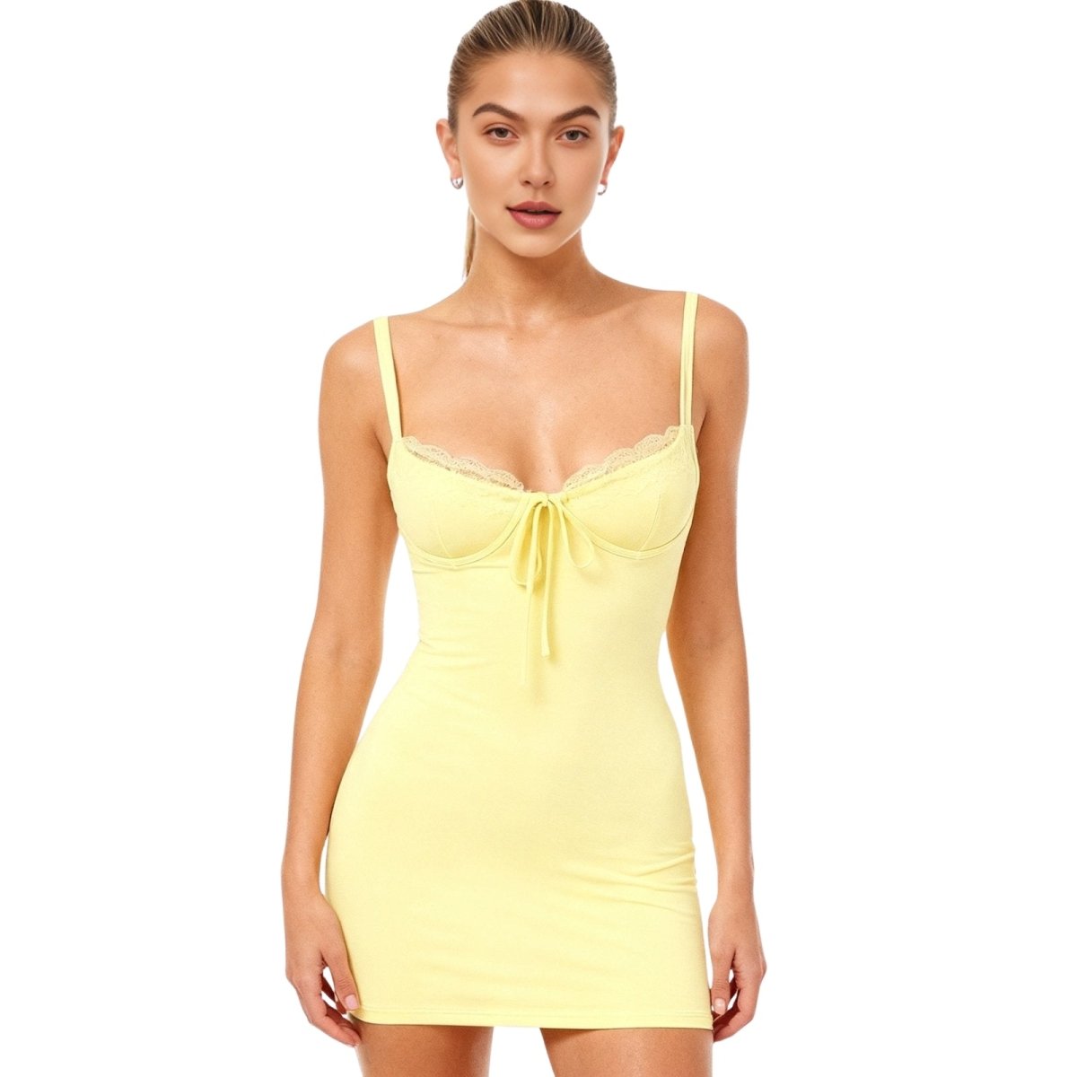 Woman wearing a light yellow kouvr slip dress on a white background