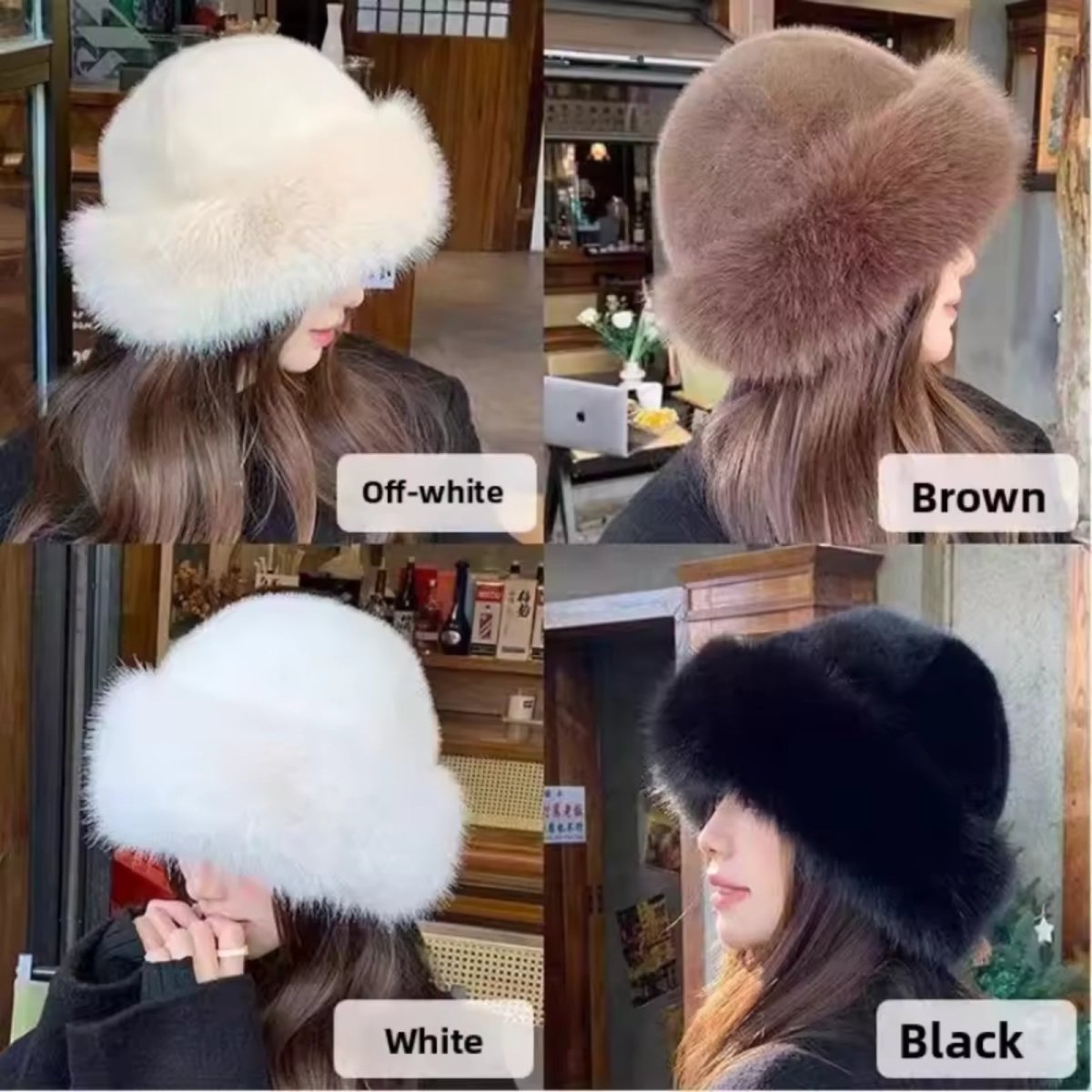 Four different colored fur hats shown on a person with labels indicating color options.