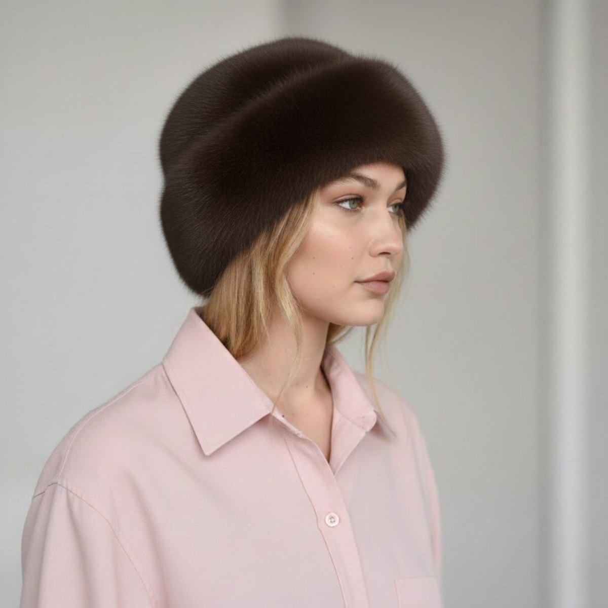 Woman wearing a brown fur hat against a plain background