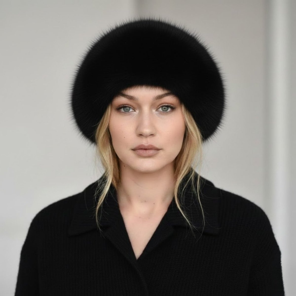Woman wearing a black fur hat against a plain background